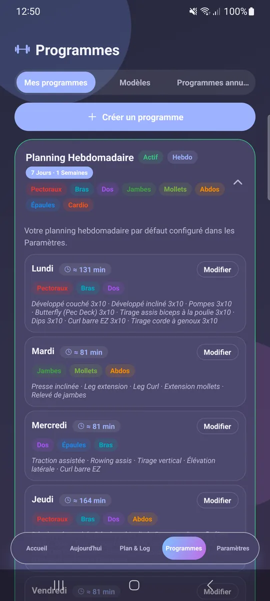 Détail d'un programme hebdomadaire
