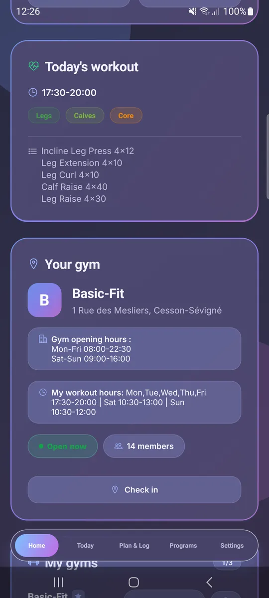 Your Gym Card with Opening Hours