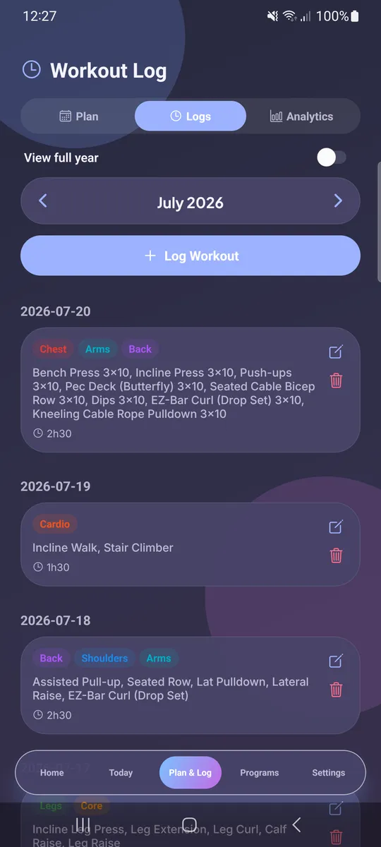 Workout Logs History