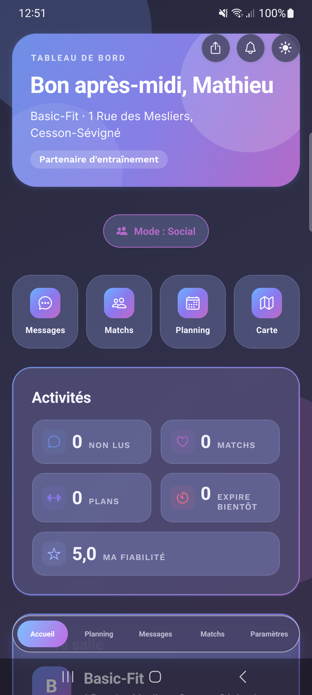 Tableau de bord — Mode Social