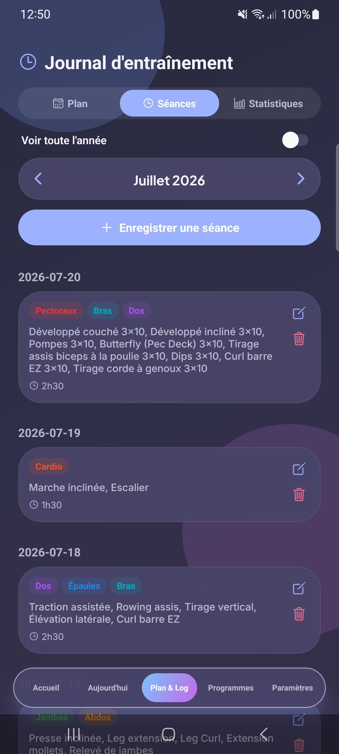Historique des séances