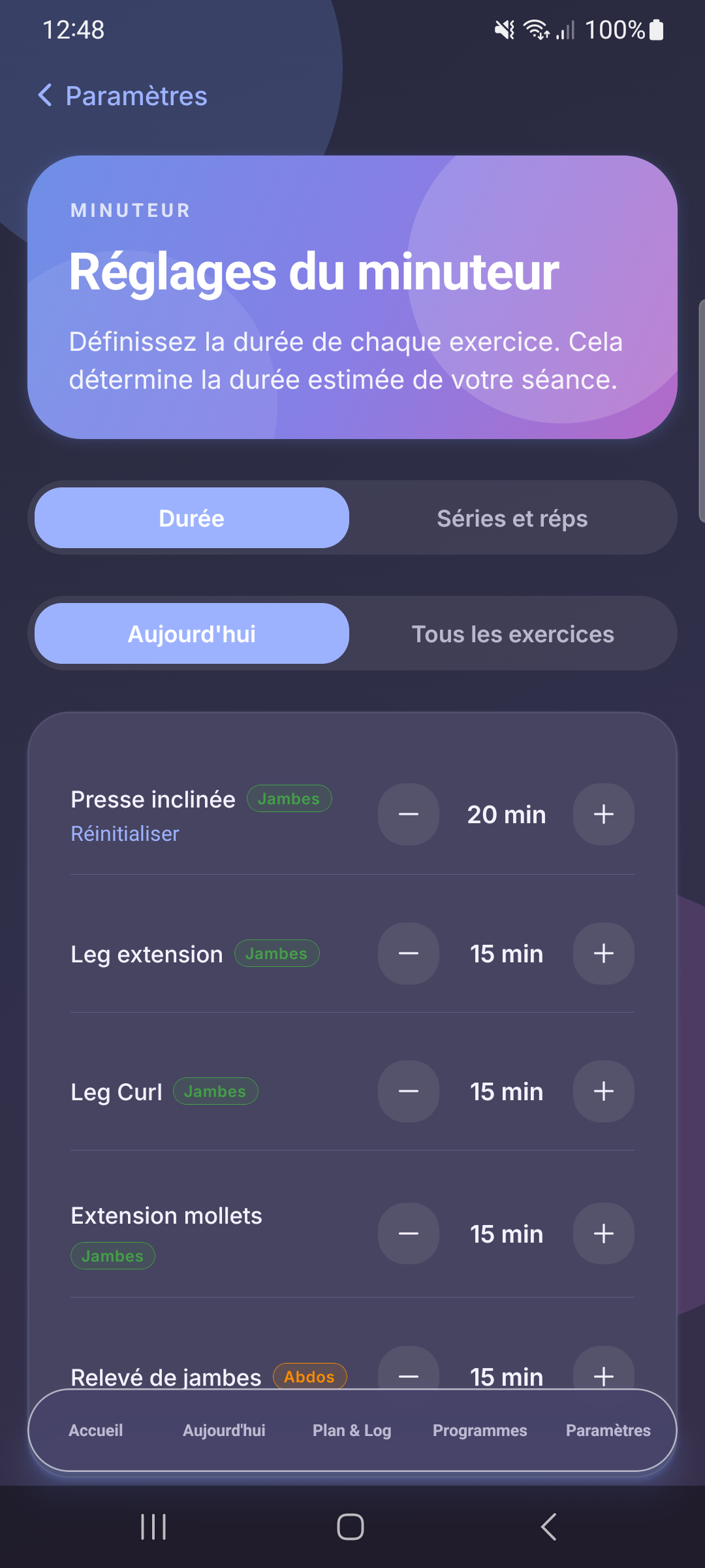 Réglages de minuterie par exercice